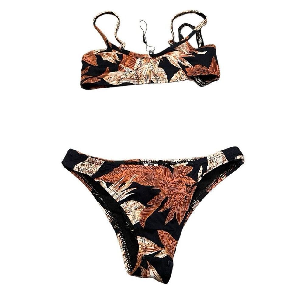 Pretty Little Thing Womens Bikini Set 0 Bralette High Leg Palm Leaf Print